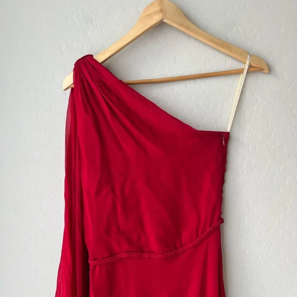 Naeem Khan Red 100% Silk Draped One-Shoulder Braided Waist‎ Chiffon Gown Size 4 - Picture 7 of 13